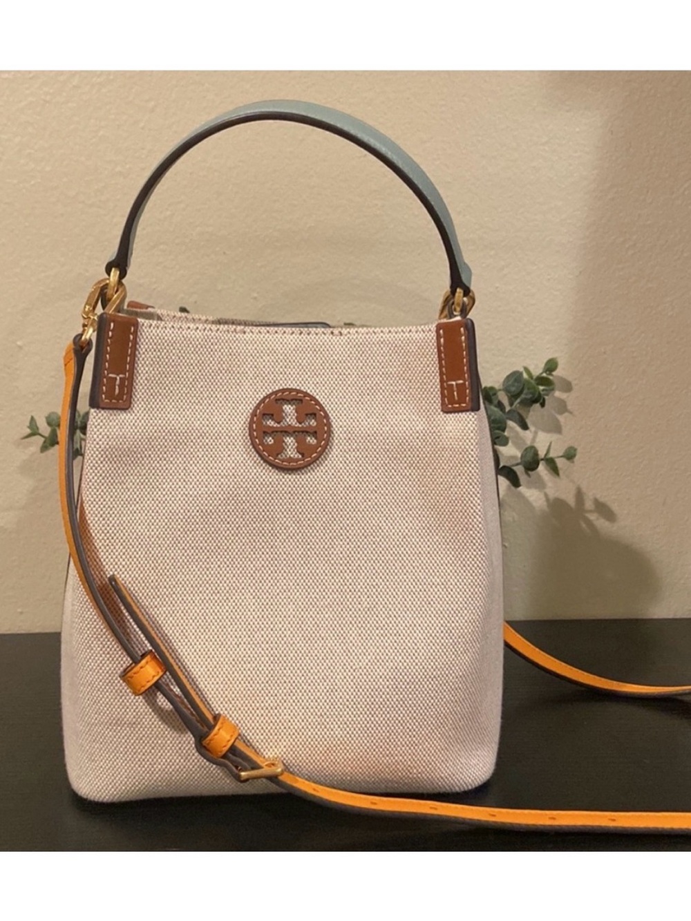 NEW Tory Burch Blake Canvas Bucket Bag Crossbody Canvas Orange Blue Leather Trim